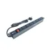 Angled view of COTE CPDU-1U-6US-13AMP 6-Port Universal 3 Pin PDU showing multiple socket outlets with power switch and attached cable