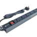 Angled front view of COTE CPDU-1U-8US-13AMP 1U 8 Port Universal 3 Pin PDU showing multiple sockets, power switch, and attached cable