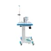 A white and blue Jack A2C-C industrial sewing machine mounted on a metal table with a foot pedal and thread stand.