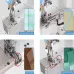 A quad-image collage illustrating the Jack K5E industrial sewing machine's functions: Extended Sewing Bed, Tape Binding, Covering Seam, and Bottom Hemming.