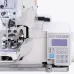 Close-up of the control panel on the white Jack T1377E button sewing machine with a digital display and adjustment buttons.
