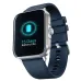 A silver smartwatch with a dark blue silicone band. Its screen shows a glowing blue battery icon and 