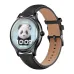 A round black smartwatch with a leather strap displays a cute panda watch face with the time and date.