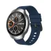 Front view of Fastrack VOX CirQ smartwatch with blue strap showing heart rate, steps, calories, and date indicators.
