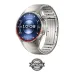 Front view of Huawei Watch GT 6 Pro with silver metal strap showing digital time, date, fitness icons, and red bezel ring.