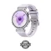 Top-down view of Huawei Watch GT 6 in lavender band showing purple-themed interface with distance and time markers.