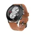 Balancer smartwatch side angle showing brown stitched strap, rotating crown and modern circular display