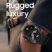 Close-up of Samsung Galaxy Watch Ultra 2 worn with suit showing rugged luxury design and multifunctional watch face.