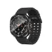 XO Watch Ultra Smartwatch angled front view with black perforated strap and round display.