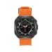 XO Watch Ultra Smartwatch front view with orange perforated strap and detailed round watch face.