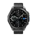 A black rugged smartwatch with a dark gray silicone band displays a technical digital watch face with heart rate and steps.