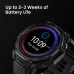 Front-facing promo of the Amazfit T-Rex 3 Pro showing 100% battery and labeled buttons with 2–3 week battery life claim.