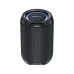 Angled view of the ACEFAST K12 Air cylindrical black portable Bluetooth speaker featuring a black mesh fabric body, side passive radiator with a glowing blue LED light ring and ACEFAST logo, top control buttons with LED indicator icons, and a small digita