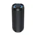 Angled view of the ACEFAST K12 Pro cylindrical black portable Bluetooth speaker featuring a black mesh fabric body, side passive radiator with a glowing blue LED light ring and ACEFAST logo, top control buttons with LED indicator icons, and a small digita