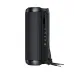 Angled view of the ACEFAST K12 Pro cylindrical black portable Bluetooth speaker featuring a black mesh fabric body, side passive radiator with a glowing blue LED light ring and ACEFAST logo, top control buttons with LED indicator icons, and a small digita