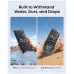 The Soundcore Boom 3i speaker shown being submerged in water (IP68 rated) and surviving a drop onto sand, highlighting its durability.