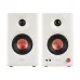 Front view of the Edifier MR3 2:0 Bluetooth Studio Monitor Speaker in white displaying the pair with matching orange drivers.