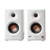 Front view of the Edifier MR5 2:0 Tri‑amped Powered Studio Monitor Speaker in white displaying twin speakers with orange cones.