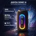 Jiayou Sonic 6 Portable Bluetooth Speaker shown in a dark scene with glowing RGB lights emphasizing immersive sound output.