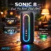 Jiayou Sonic 8 Portable Bluetooth Speaker displayed in a dark stage scene with colorful lighting to highlight powerful sound output.