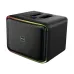 Black portable speaker with geometric grille, RGB LED light strip, and top control knob