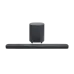 A view of the JBL Bar 1000MK2 soundbar and wireless subwoofer in black. The soundbar has a red light indicating power or status.