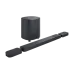 An angled view of the black JBL Bar 1000MK2 soundbar with detachable end pieces and the cylindrical wireless subwoofer.