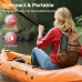 A person paddles a kayak with the Monster S150 Plus Portable Bluetooth Speaker attached to a backpack, showing outdoor portability.