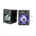 A pair of black T-WOLF S1 desktop speakers with illuminated green and blue circular LED lights around the drivers.