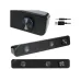 Multi-angle views and cable connectors of the T-WOLF S4 desktop soundbar with blue LED volume knob accents.