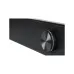 Close-up view of the metallic volume knob on the front grille of a black desktop soundbar.