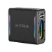 Angled view of XTRA V100 Pro portable speaker showing RGB side strips, driver light ring, and control buttons.