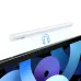 Slim white stylus pen with power button and LED indicators shown in angled top view