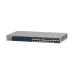 Front angled view of Netgear GS728TPP 28-Port Gigabit Managed Switch showing multiple Ethernet ports and LED indicators on metal chassis