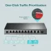 Front view of TP-Link TL-SG1210MP Switch with Priority Mode button for one-click traffic prioritization.