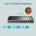TP-Link TL-SG1210MP Switch with Isolation Mode button highlighted for one-click traffic separation.