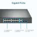 Close-up front view of TP-Link TL-SG1428PE 28-Port Gigabit Switch With 24 Port PoE+ showing labeled gigabit ports and network layout