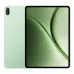 OnePlus Pad 4 tablet in green finish showing front display with slim bezels and abstract wallpaper alongside rear camera design