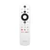 Close-up of Haier H43K85GFX Google TV remote with navigation pad, streaming shortcuts, and Haier branding.
