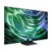 An angled view of the Samsung 77S90D 4K OLED Smart TV on its stand, displaying a vibrant, abstract wave of green and purple.
