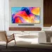 Living room view of Samsung 85M70H Smart TV wall-mounted above soundbar showing colorful abstract design.