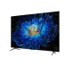 Front view of TCL 65C6KS TV on angled legs displaying vivid blue flower artwork with golden spiral center.