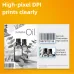 Promotional view of Deli T108 Toner highlighting high-pixel DPI printing clarity with barcode and grayscale details.