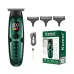 Front view of Kemei KM-2259 Hair Trimmer with guide combs, charging cable, cleaning brush, and packaging box.