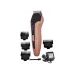 Front view of Kemei KM-5015 Trimmer with guide combs, charging cable, and accessories.