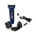 Angled view of Kemei KM-6330 Trimmer set in blue-black design with multiple detachable heads, comb, brush, and power cord.