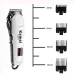 Front view of Kemei KM-809A Trimmer with digital display and four guard combs showing adjustable cutting lengths.
