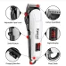 Diagram of Kemei KM-809A Trimmer highlighting taper lever, carbon steel blade, switch button, and charging interface.