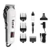 Complete grooming kit of Kemei KM-809A Trimmer with comb attachments, oil, cleaning brush, blade guard, and power adapter.