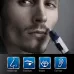 Close-up of Panasonic ER-GN30K Nose Trimmer in use near upper lip with icons showing nose, eyebrow, beard, and ear hair functions.